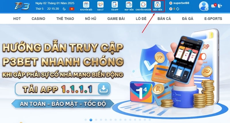 Hướng dẫn rút tiền P3 nhanh gọn & an toàn trong 3 phút 1 Chọn chức năng rút tiền sau khi đăng nhập tài khoản P3